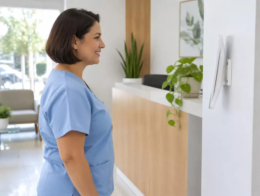 Funcionária de clínica diante do tablet na recepção