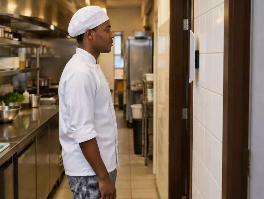 Cozinheiro diante do tablet na porta da cozinha