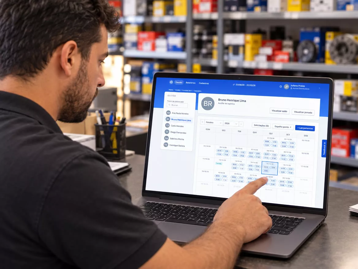 Dono de loja de autopeças revisando o calendário de marcações de um colaborador no notebook