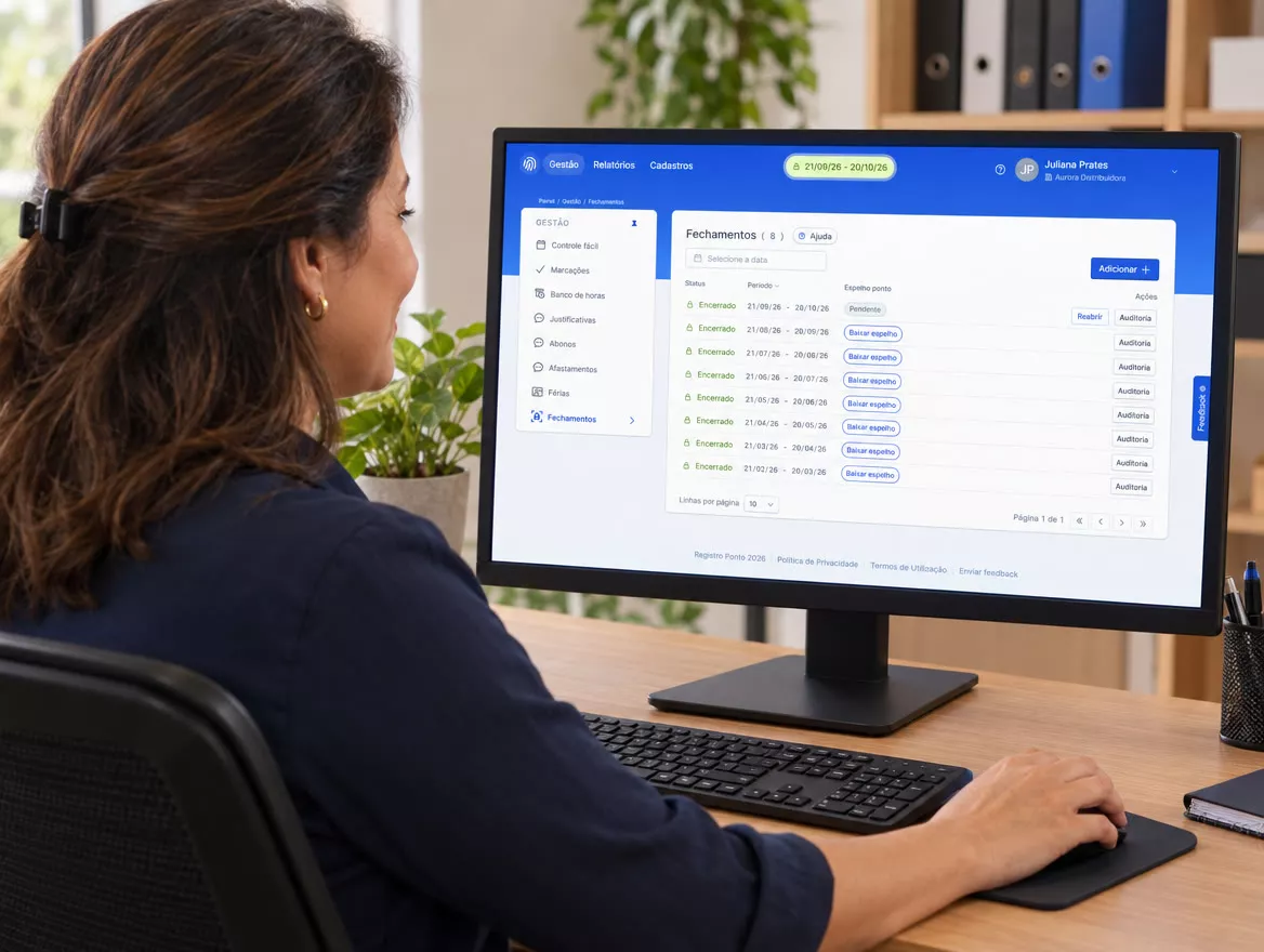 Gestora conferindo a lista de fechamentos encerrados no computador