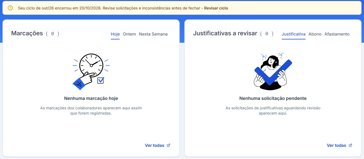 Exemplo do Painel da Gestão com as marcações do dia e as justificativas a revisar