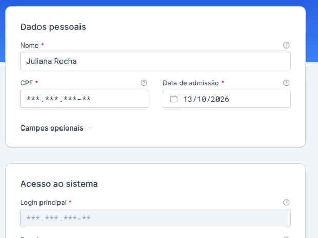 Formulário de cadastro de colaborador preenchido