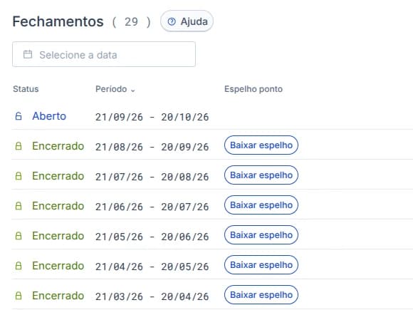 Lista de fechamentos com o botão Baixar espelho