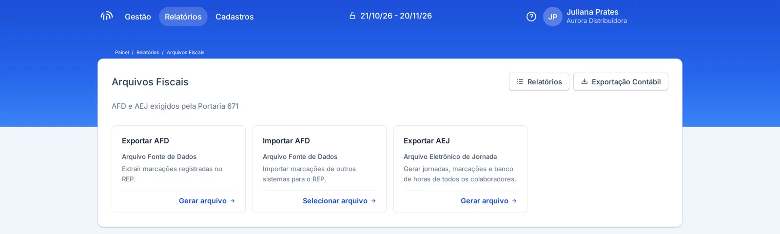Exemplo da tela de Arquivos Fiscais com Exportar AFD, Importar AFD e Exportar AEJ