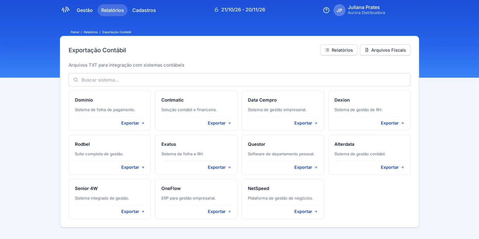 Exemplo da tela de Exportação Contábil com os cards de Domínio, Contmatic, Questor, Alterdata e outros sistemas