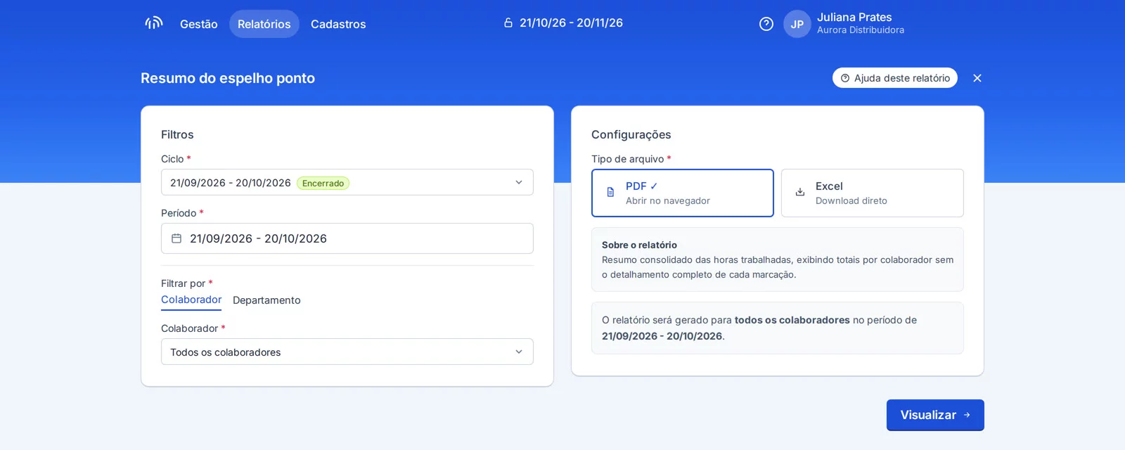 Exemplo do formulário do Resumo do Espelho Ponto com ciclo, período, filtro e tipo de arquivo PDF ou Excel