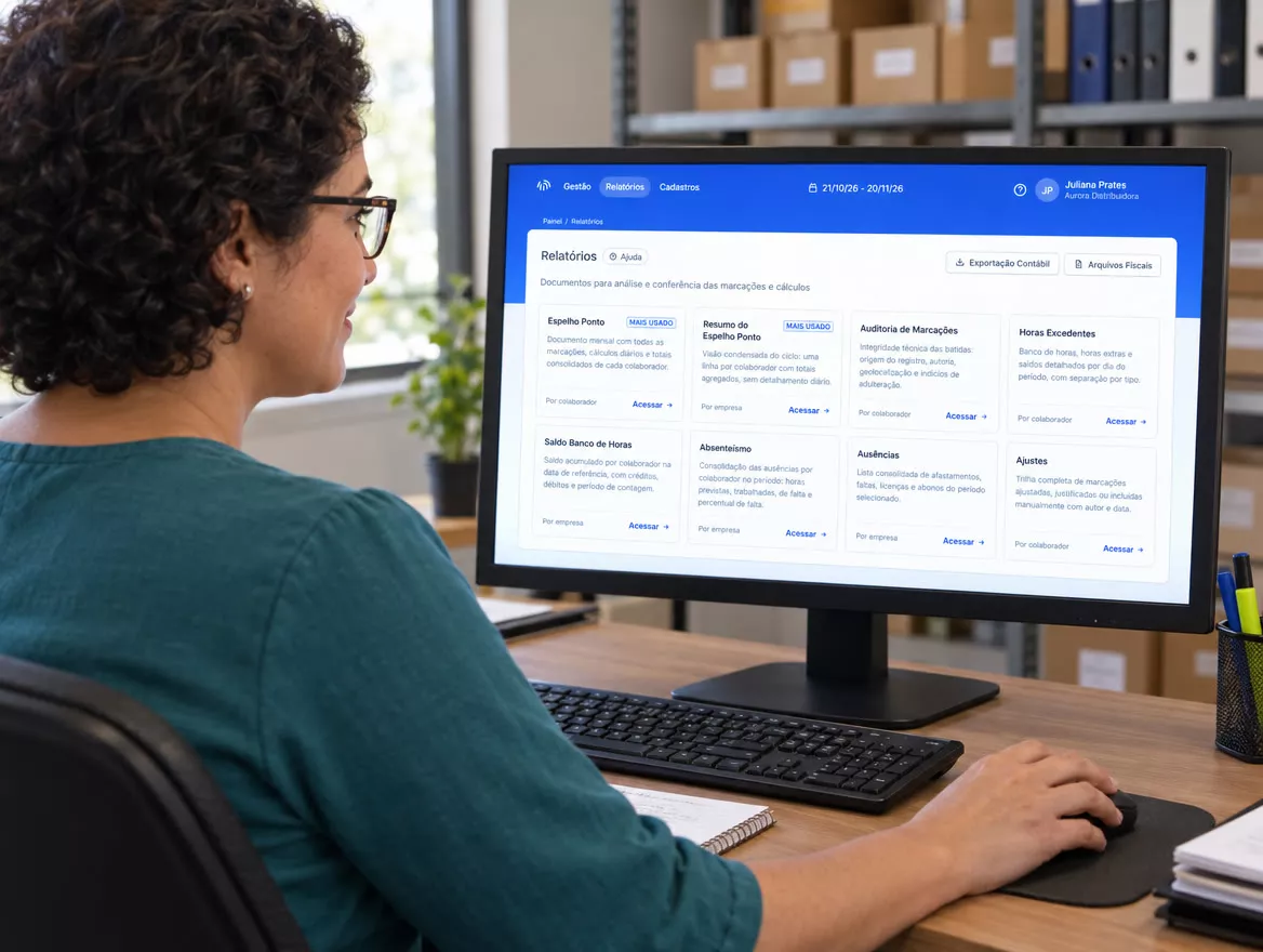 Gestora conferindo a página de relatórios da Gestão no computador