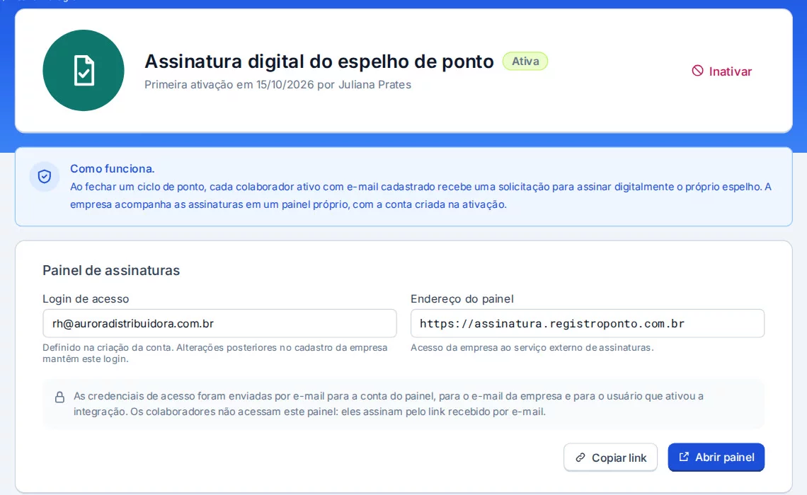 Exemplo da tela da Gestão com a assinatura digital do espelho de ponto ativa