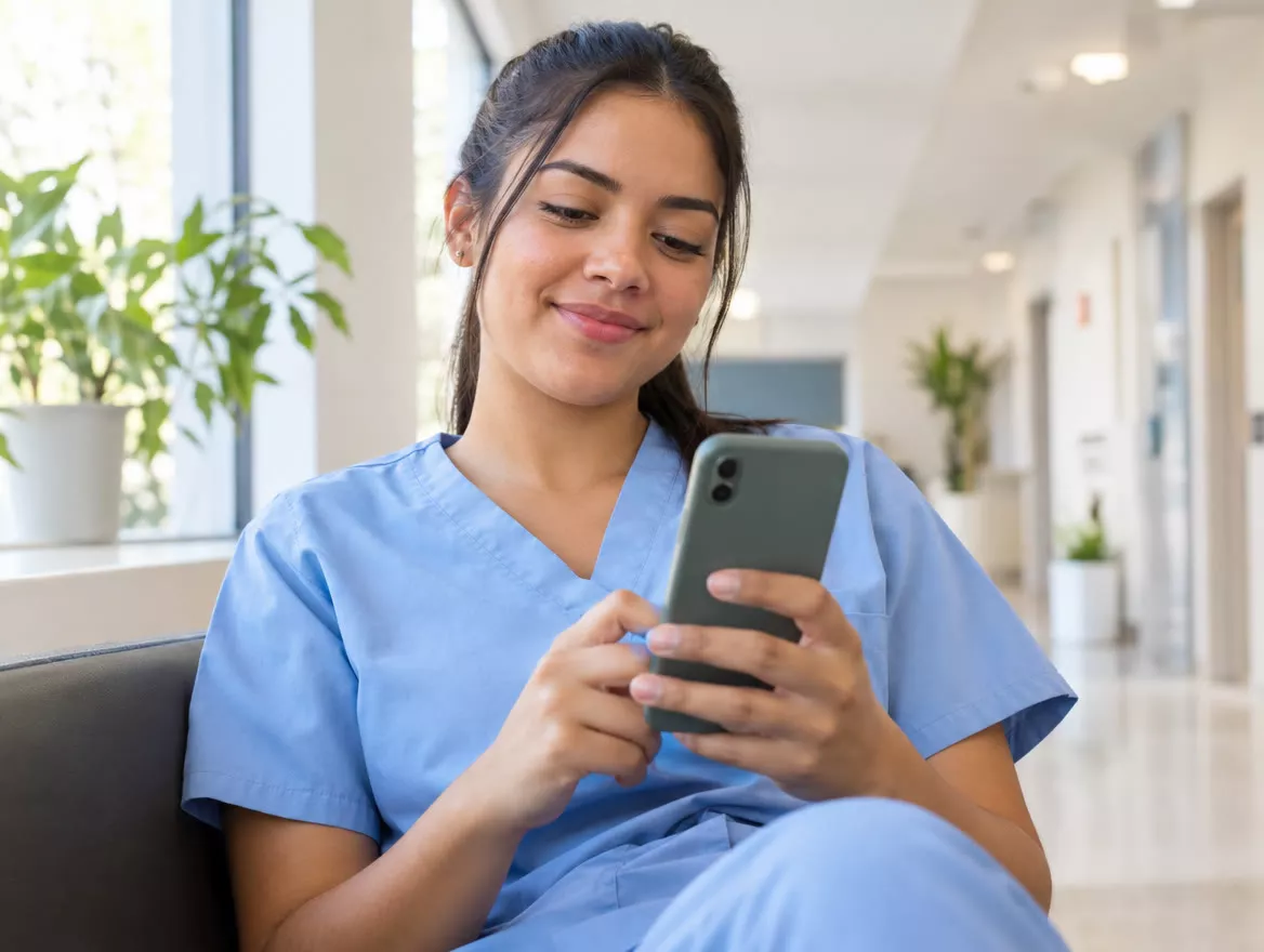 Assistente de clínica assinando o espelho de ponto pelo celular no intervalo