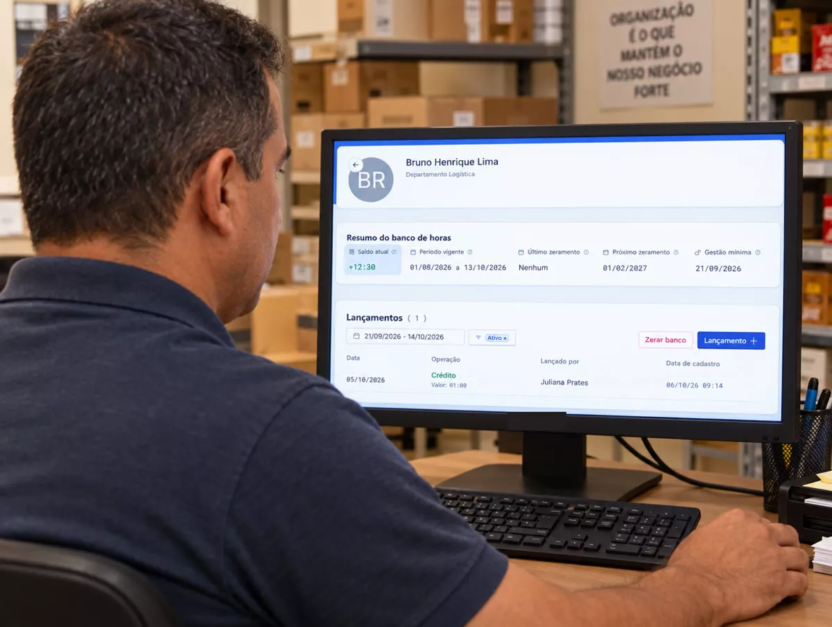 Gerente no estoque conferindo o banco de horas no computador