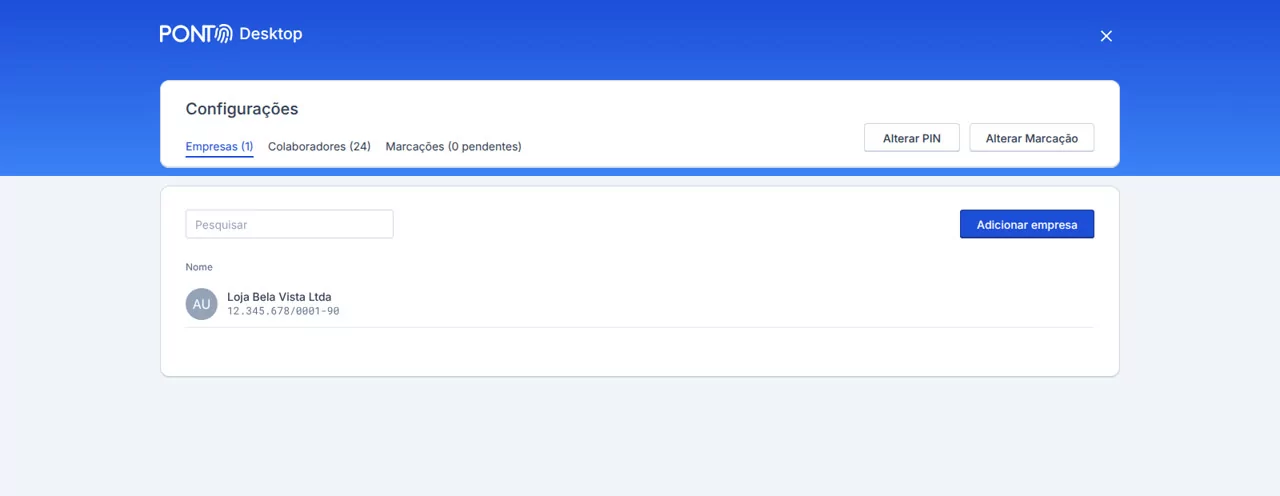 Configurações do Ponto Desktop com a lista de empresas e o botão Adicionar empresa