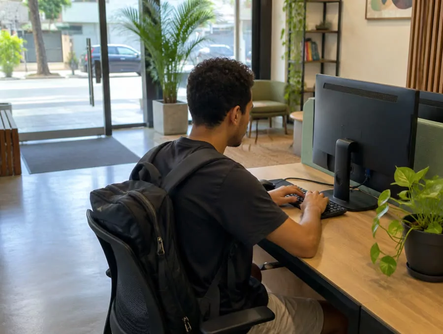 Rapaz marcando o ponto no computador do coworking