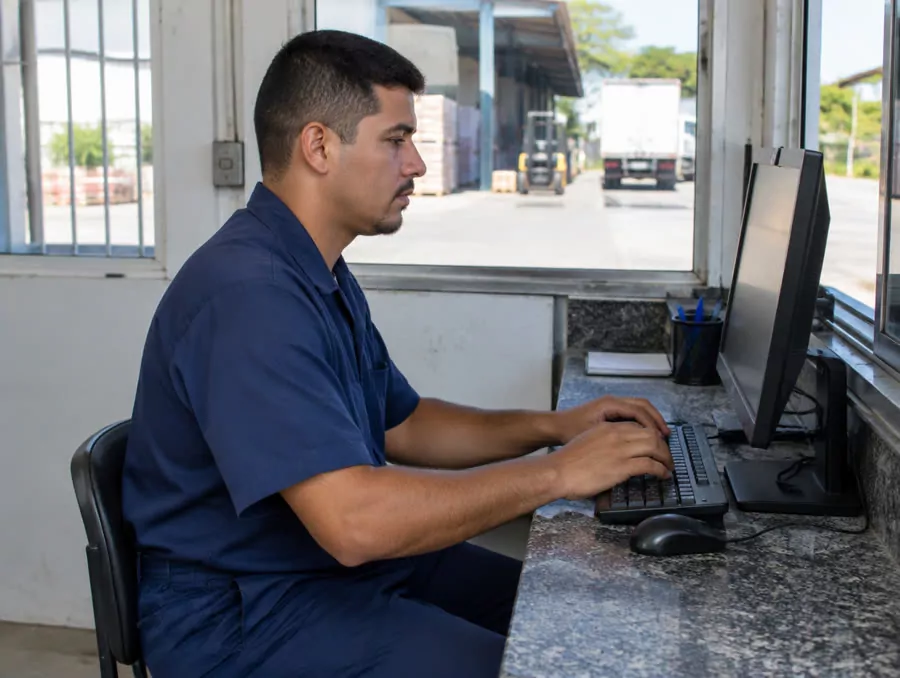 Funcionário marcando o ponto no computador da portaria