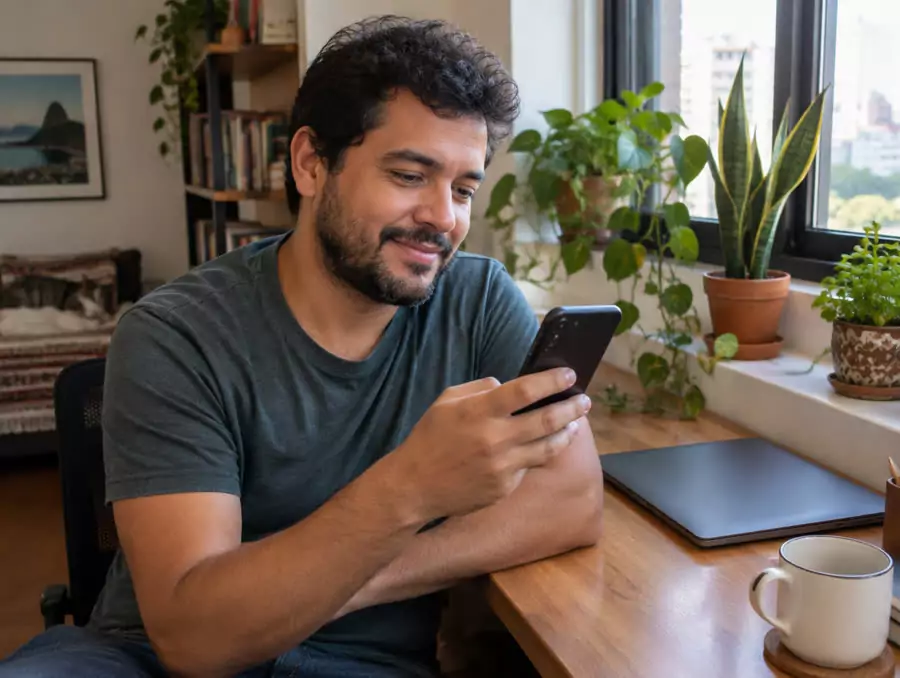Homem marcando o ponto no celular em casa