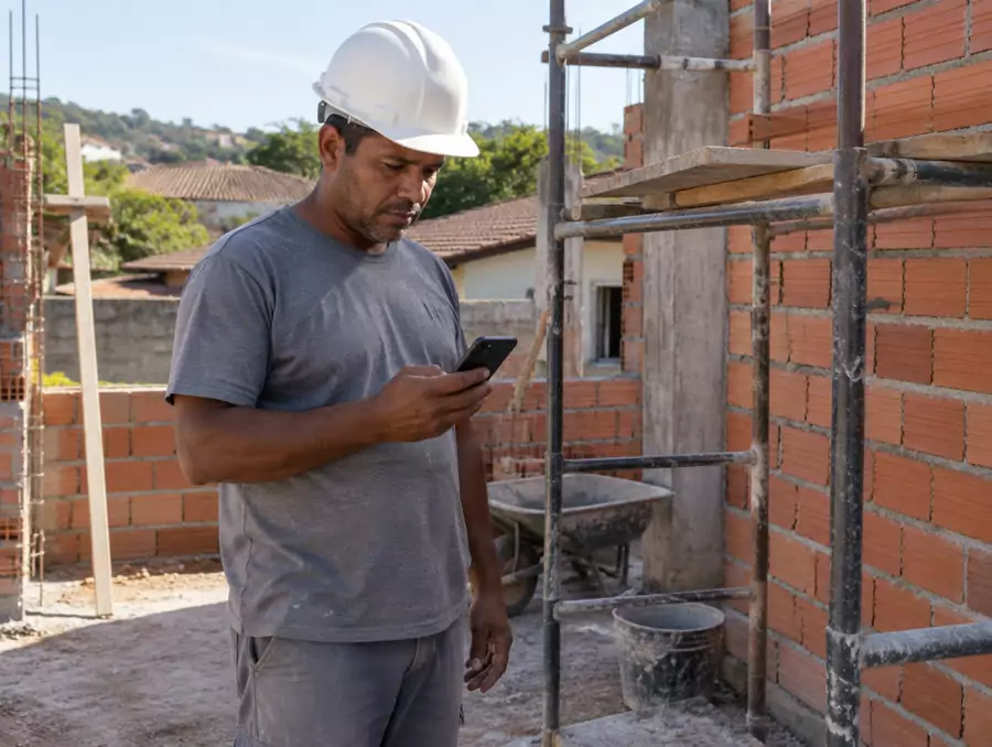 Pedreiro marcando o ponto na obra