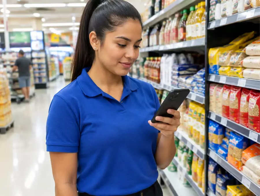 Promotora marcando o ponto no supermercado
