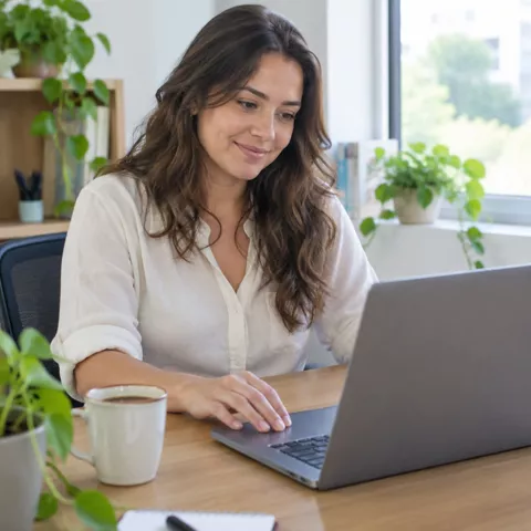 Funcionária marcando o ponto no notebook ao chegar no escritório