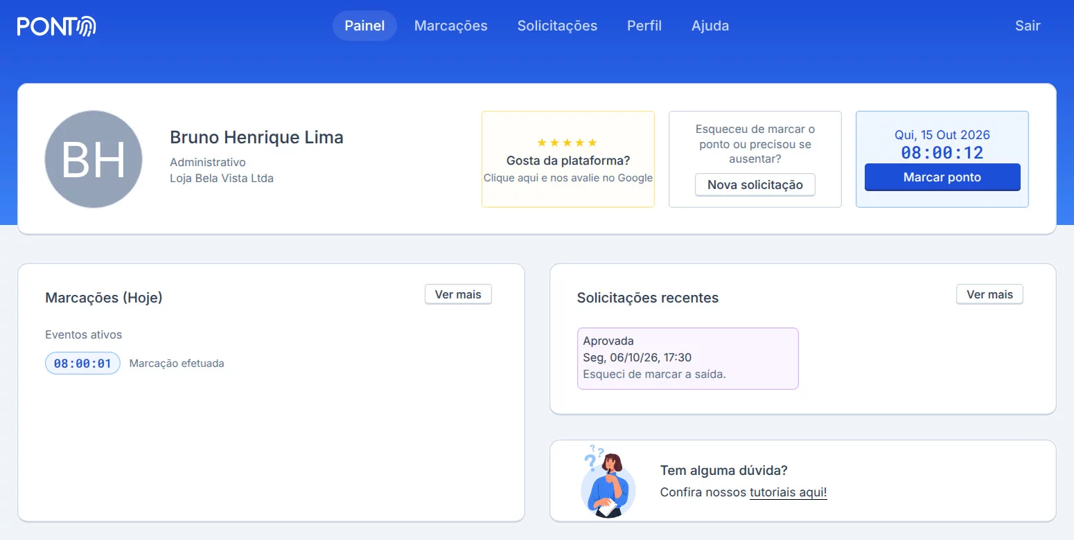 Painel do Colaborador do Ponto Web com o botão Marcar ponto e as marcações de hoje