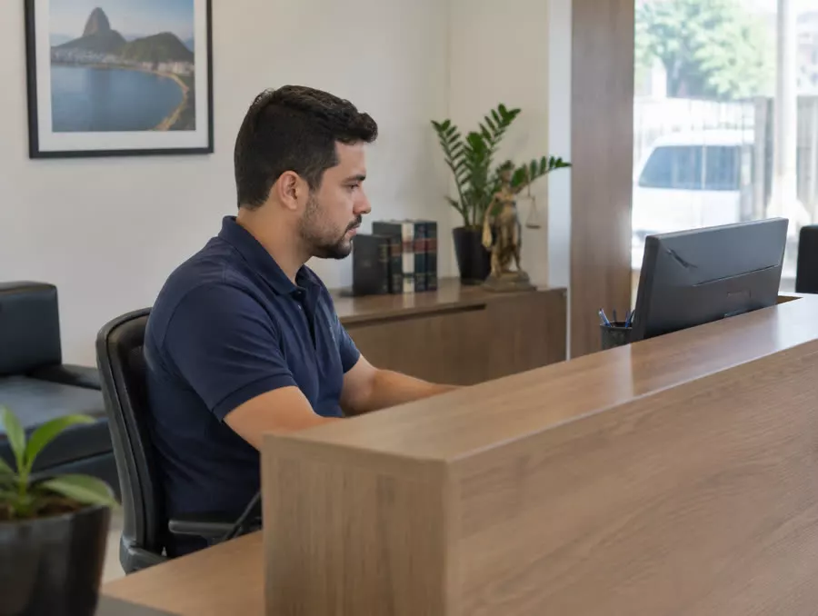 Recepcionista de escritório trabalhando no computador