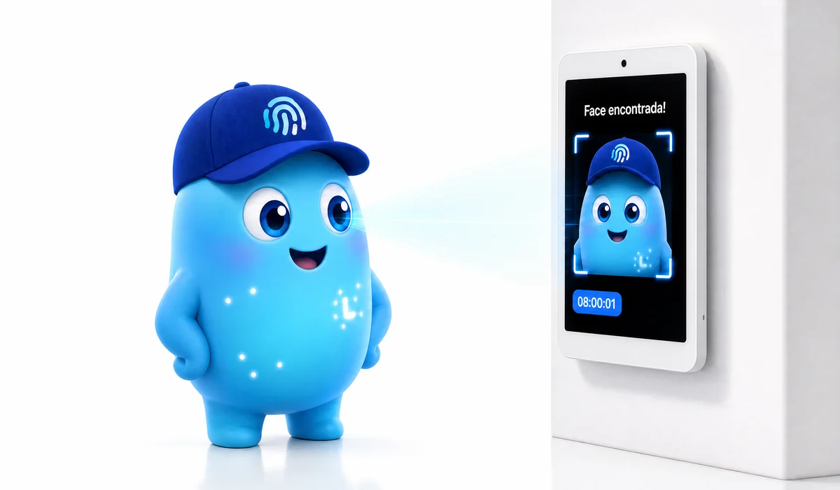 Mascote do Registro Ponto marcando ponto por reconhecimento facial em tablet